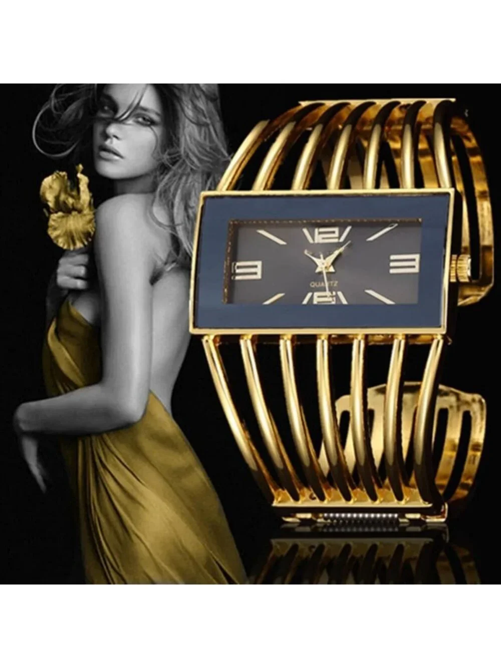 Women's Gold Black Luxury Rectangular Case Analog Quartz Fashion Wrist Watches